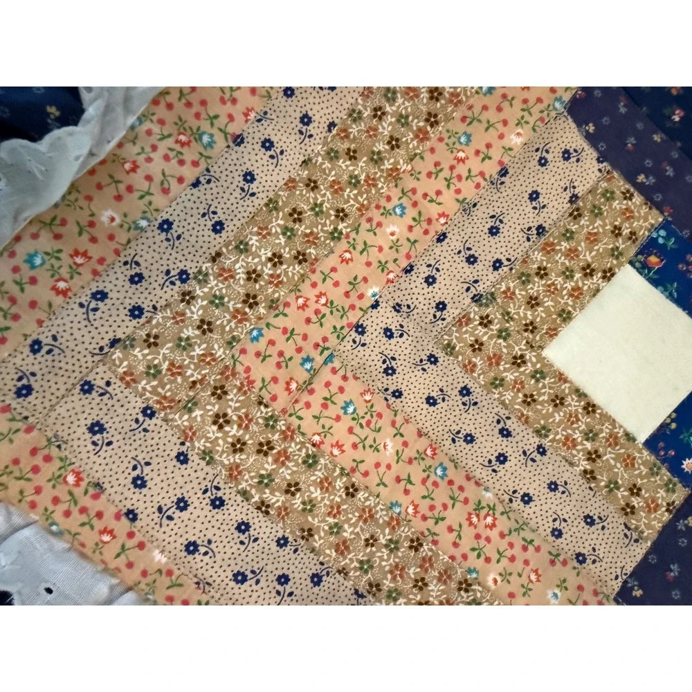 Vintage 1970's Log Cabin Quilt Pillows cover  Pair Handmade  Ruffle Cottagecore